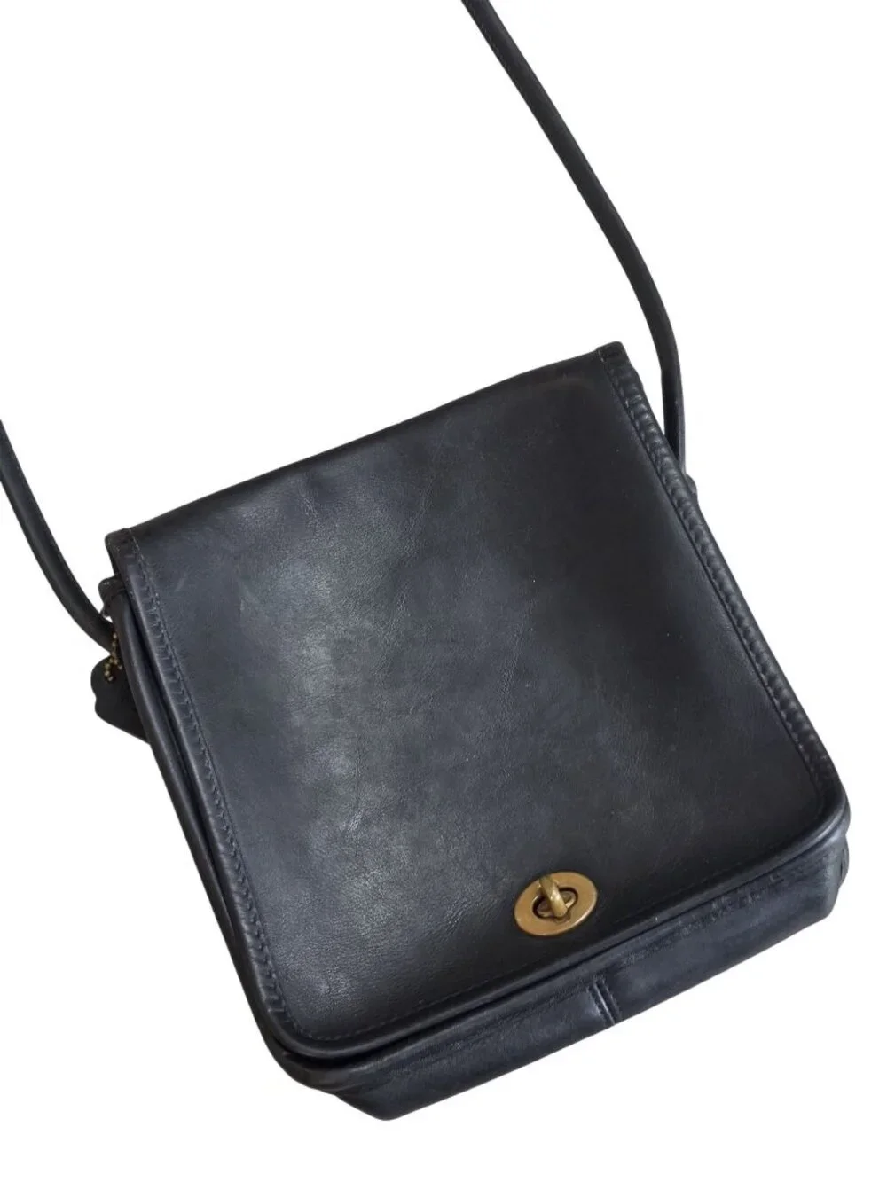 Vintage Coach Black Leather Crossbody Satchel Bag With Brass Turnlock